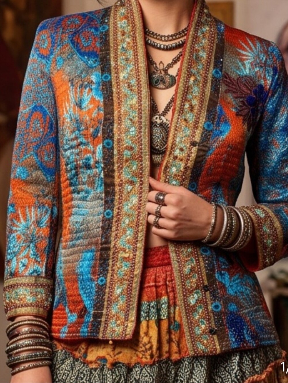 EUC ALBERTO MAKALI ASIAN PRINT BEADED CARDIGAN SIZE XL